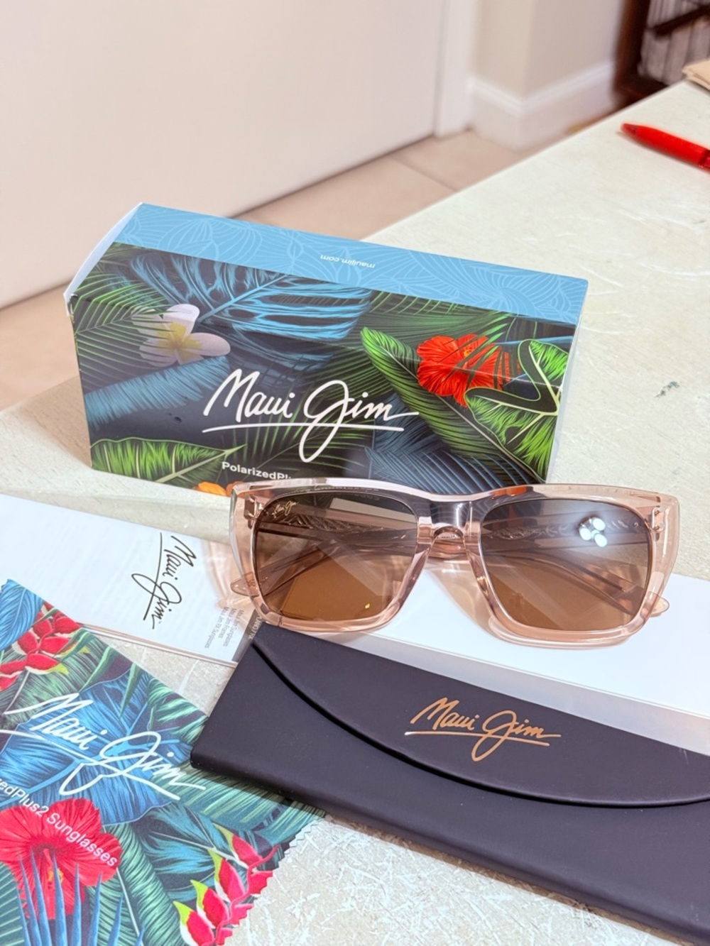 Maui Jim Transparent Pink Frame Sunglasses with Brown Gradient Lenses aloha lane